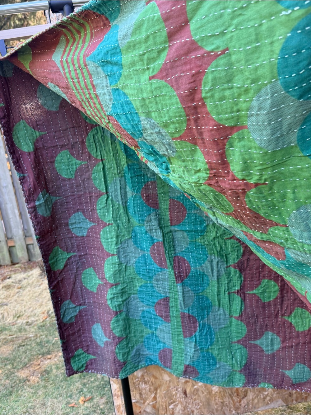 Green and Teal Stitched Bedding Throw - Soft Kantha Quilt. Approx 48 x 84